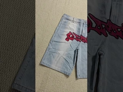 Calções Jeans Customizados com Joelhos Evazados Y2k Streetwear Bordados Estampados Vintage Dupla Cintura Baggy Vintage