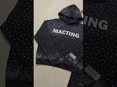 Moletom com capuz com zíper, aplique bordado personalizado, strass desgastados, lavagem ácida, vintage, fleece lavado, rua