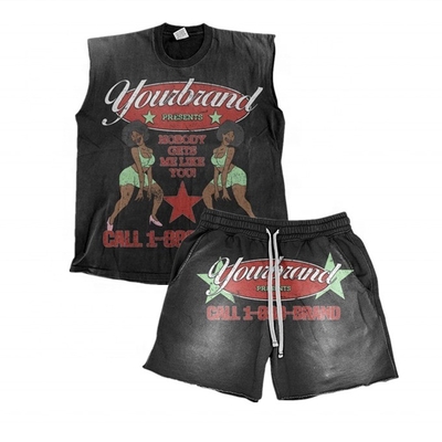 comprar Suporte logotipo personalizado Sol desbotado lavagem ácida camiseta vintage sem mangas e calções online manufacture