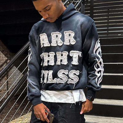 comprar Vintage Sol desbotado Acid Wash Distressed Patch Aplique bordado cortado capuz camisola masculina online manufacture