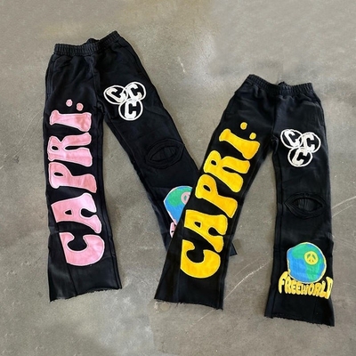 comprar Patch Embroidery French Terry Acid Wash Raw Hem Distressed Flared Sweatpants Regular Fit 100% algodão online manufacture