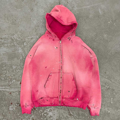 comprar Acid wash zip up hoodie homens mulheres 500gm branco rosa Acid wash vintage rasgado buraco angustiado online manufacture