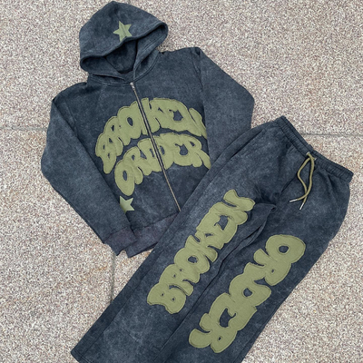 comprar Vintage Distressed Patch Aplique Embroidery Hoodie Set com opções de cores personalizáveis online manufacture