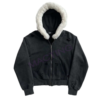 comprar Acido Sólido Lavar Sol Desbotado Distressed Custom Full Zip Up Hoodies casaco com colarinho de pele online manufacture