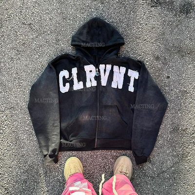 comprar Logotipo personalizado Streetwear 400gm Stone Wash Zip Up Hoodie em cinza com Patch Distressed online manufacture