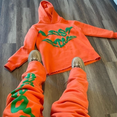 comprar Trajes de algodão cricket personalizados Homens Hoodie Set Impressão Puff Empilhados Calças Flared online manufacture