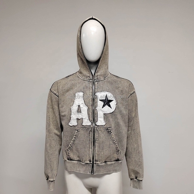 comprar 360 gramas de tecido peso Hoodies personalizados com zip face cheia e lavagem de ácido vintage online manufacture