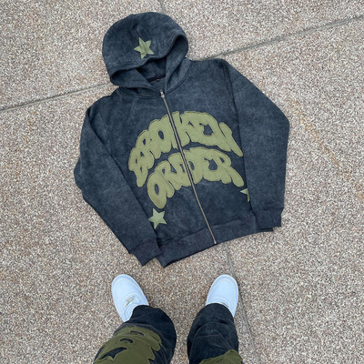comprar Custom Oversized Sol Fade Distressed Zip Up bordado Patch Hoodie Set online manufacture