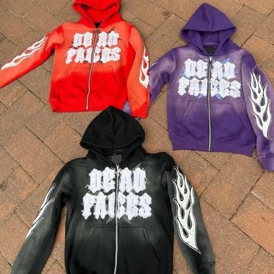 comprar Stonewashed Homens Vintage Cut e costura Distressed bordado Patch Sol desbotado Roxo Zip Up Acid Wash Hoodie online manufacture