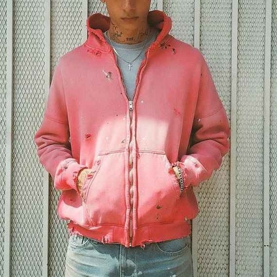 comprar Solid Custom Mulheres 400 gsm algodão de grandes dimensões rosa ácido lavagem vintage aflito cortado zip up Hoodie online manufacture
