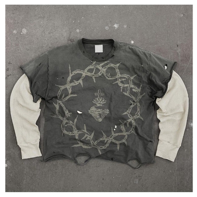 comprar Camisas gráficas de manga longa para homens com hidróxido de enxofre cru lavado tecido de malha online manufacture