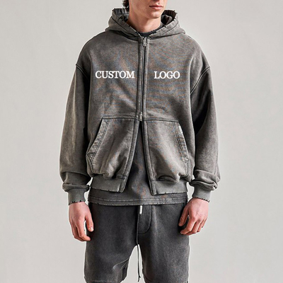 comprar Roupas de rua Distressed Rasgado Lavado Hoodies personalizados de algodão Duplo Zipper Hoodie para homens online manufacture