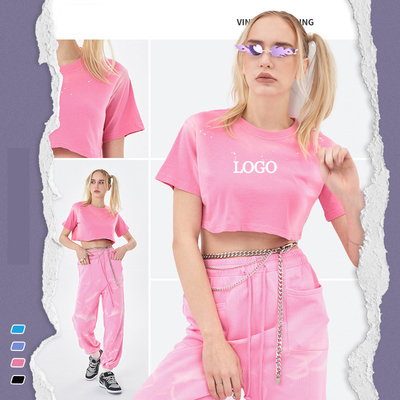 comprar 2024 Verão Acid Wash Desbotado Hot Sexy Crop Top Mulheres T-Shirt com etiquetas personalizadas online manufacture