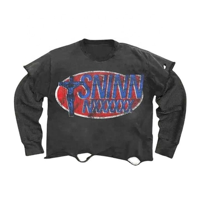 comprar camisetas personalizadas de manga longa vintage lavado rasgado 250Gsm camisa dupla camada 100 algodão online manufacture