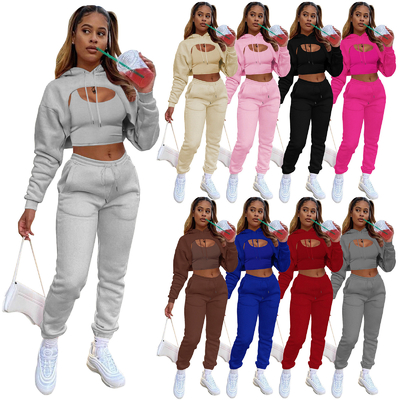 comprar Roupas de treino rosa para mulheres impressas 3 peças Set Top Hoodie e Joggers Hoodies cortados online manufacture