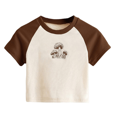 comprar T-Shirt de bordados gráficos femininos com desenho de cogumelo e mangas de Raglan online manufacture