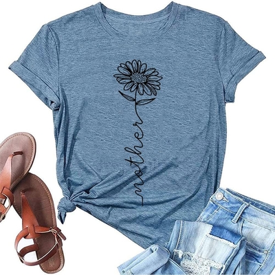 comprar T-shirts de impressão por transferência de calor para mulheres mães de verão mamã girassol flor casual online manufacture