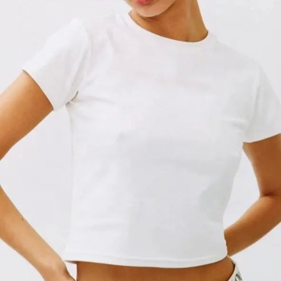 comprar Camiseta fina em branco para mulher camiseta respirável de algodão de cabeça curta pescoço de trico popular online manufacture