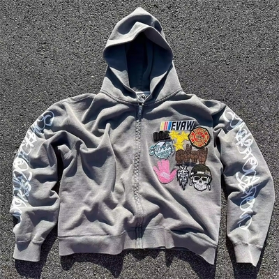 comprar Outono Custom Homens Stone Acid Wash Cortado Boxy bordado fechadura com capuz bordado sweatshirts vintage online manufacture