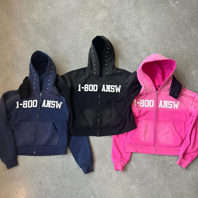 comprar Limpeza de ácido personalizada Sol desbotado Rivet Rhinestone cortado Boxy Fit Zip Up Hoodie de algodão Pesos pesados 400gm online manufacture