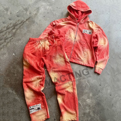 comprar Vintage Sun Fading Acid Wash Trajes personalizados Rhinestone Distressed Hoodie e calças de treino online manufacture