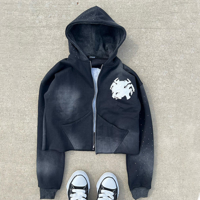comprar Zip Up Acid Wash Hoodies Distressed Embroidery Applique Custom French Terry Crop Top online manufacture