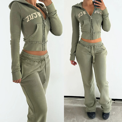comprar Trajes de ginástica de lavagem com ácido bordados personalizados para mulheres 100% algodão calças de tênis e capuz online manufacture