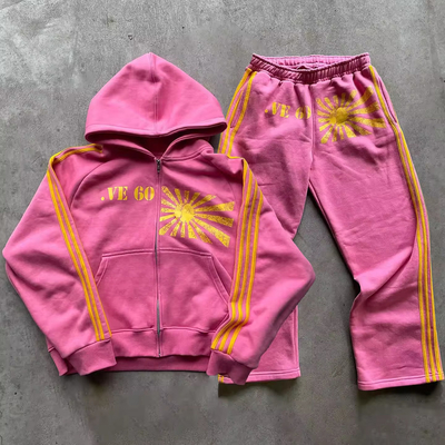 comprar Impressão de tela personalizada logotipo listras fato de ginástica vintage lavado com ácido Zip Up Hoodie And Jogger Sweat Pants online manufacture
