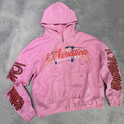 comprar Custom Rhinestone estofado 100% algodão 500 Gsm pesado zip up vintage cortado distressed ácido lavagem Hoodie online manufacture