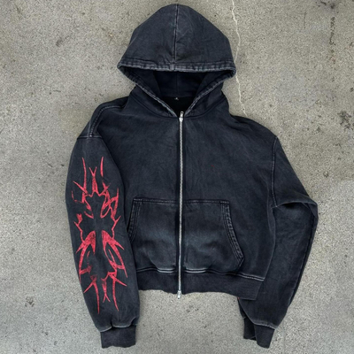 comprar Logotipo personalizado Impressão em tela Distressed Sem cordas de tração Duplo fecho de fechadura Acid Wash Peso pesado Caixinha cortada Homens Hoodie online manufacture