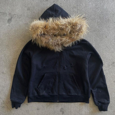 comprar Hoodie de Inverno Francês Terry personalizado com capuz de pele Vintage de algodão orgânico Homens Zip Up Hoodie de pele falsa online manufacture