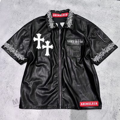 comprar Custom Hip Hop Homens Patch bordado T-shirt de aflição Homens Zip Up Box Fit Manga curta T-shirt de couro PU online manufacture