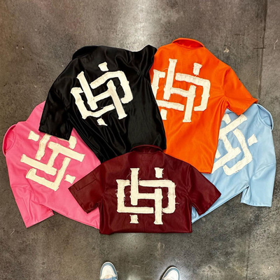 comprar Roupas de rua personalizadas Hip Hop Pesos pesados Distressed Applique Patch Zip Up Falso PU Couro Jaqueta T-Shirt para Homens online manufacture