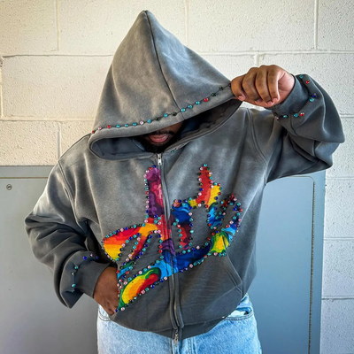 comprar Custom Rhinestone Zip Up Hoodie 450 gsm espesso peso pesado impressão de tela logotipo zipper Hoodies homens online manufacture