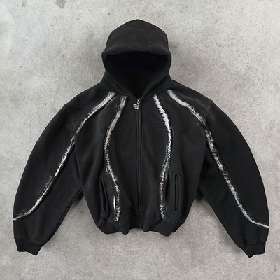 comprar Streetwear Hoodie Custom Vintage Fringed Strip 100% algodão Distressed Zipper Heavyweight Boxy Fit Hoodies cortados online manufacture