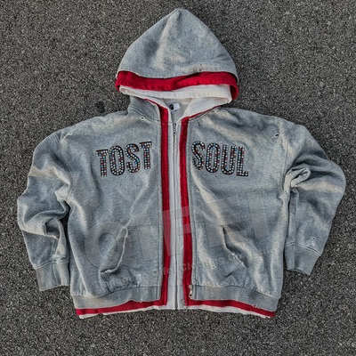 comprar Roupas de rua personalizadas Duplo 3 Zipper Acid Wash Vintage Baggy Boxy Fit Distressed Rhinestone Triple Layer Zip Up Hoodie online manufacture