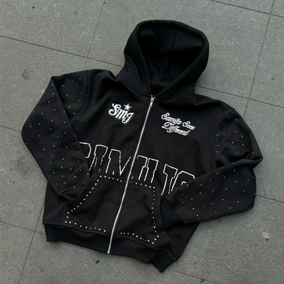 comprar Custom Rhinestone Zip Up Hoodie 450 gsm espesso peso pesado impressão de tela logotipo roupas de rua zipper Hoodies homens online manufacture