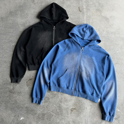 comprar Customizado 400gm Pesos pesados em branco de tamanho grande Boxy Fit Zip Up Vintage Sol desbotado Acid Wash Waffle Hoodie para Homens online manufacture