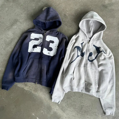 comprar Customizado 400 Gsm Impressão de tela de grande porte Hoodie Streetwear Homens Premium algodão lavado Vintage Duplo Zip Up Hoodie online manufacture