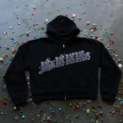 comprar Custom Homens 100% algodão Embroidery peso pesado Distressed Acid Wash Boxy Cortado Zip Up Rhinestone Hoodies Para Homens online manufacture