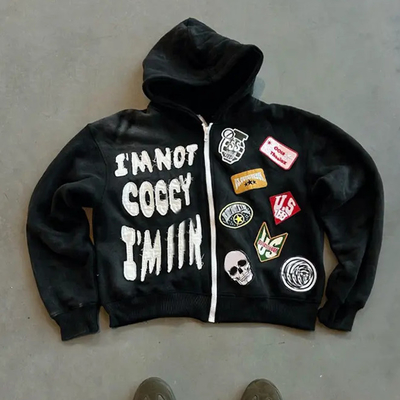 comprar Custom Zip Up Heavyweight Terry Hoodie de algodão com Box Fit e Distressed Patch Embroidery Essential sazonal online manufacture