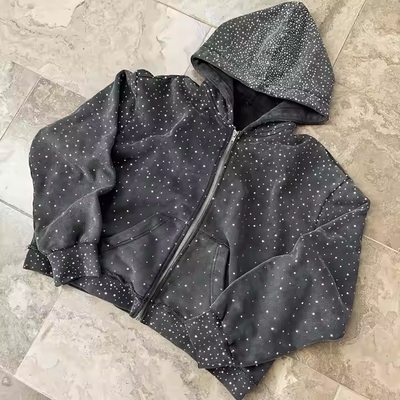 comprar Oem Pesado Zipper Hoodie Custom 100% Algodão Terry Hoody Sweatshirt Streetwear Rhinestone Zip Up Hoodie para Homens online manufacture