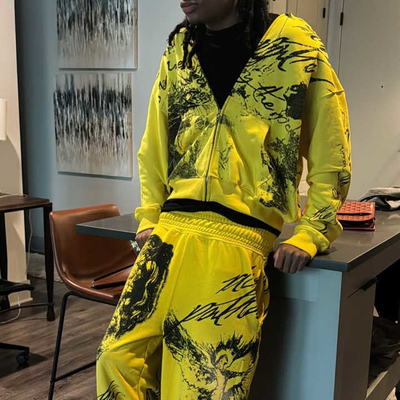comprar Homens personalizados Trajes de treino Trajes de treino em todo o lado Graffiti Impressão Vintage Acid Lavar Zip Up Hoodies e calças de sucesso online manufacture