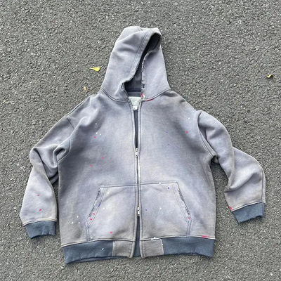 comprar Homens personalizados Pesos pesados Supersize Crop Boxy Zip Up Stone Acid Wash Distressed Hoodie Unisex Sol Desbotado Zipper Vintage Sweatshirt online manufacture