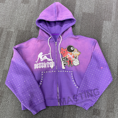comprar Roupas de rua personalizadas Vintage Hoodies lavados Sol desbotado Patchwork estampado Rhinestone caixa cortada Zip Up Hoodie para homens online manufacture