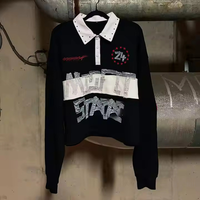 comprar Roupas de rua personalizadas de 2025 Botão riscado para cima de colarinho Rhinestone Dtg Impressão Manga longa Camisa de polo de rugby para homens online manufacture
