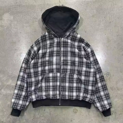 comprar Limpeza de ácido personalizada bordada de franela listrada zip up jaqueta de capuz dupla camada reversível capuz em quadrado em 100% de algodão online manufacture