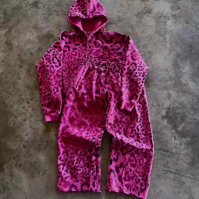 comprar Costumes de treino de Terry Francês sob medida Impressão de Leopardo Zipper Calças de treino e Hoodie Set Baggy Jogger Set Streetwear Homens 2 Piece Sets online manufacture