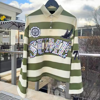comprar Bordado à medida Camisa de rugby Polo de cor Bloco de strass Manga longa Camisa de polo cortada de malha online manufacture