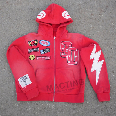 comprar Fabricante de capuz personalizado Homens Roupas de rua Vintage Acid Wash Embroidery Distressed Applique Patchwork Acid Wash Hoodie online manufacture